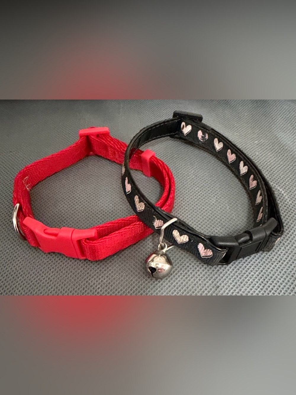 Adjustable 2 pet collars - red & black with hearts - small puppy size or cats